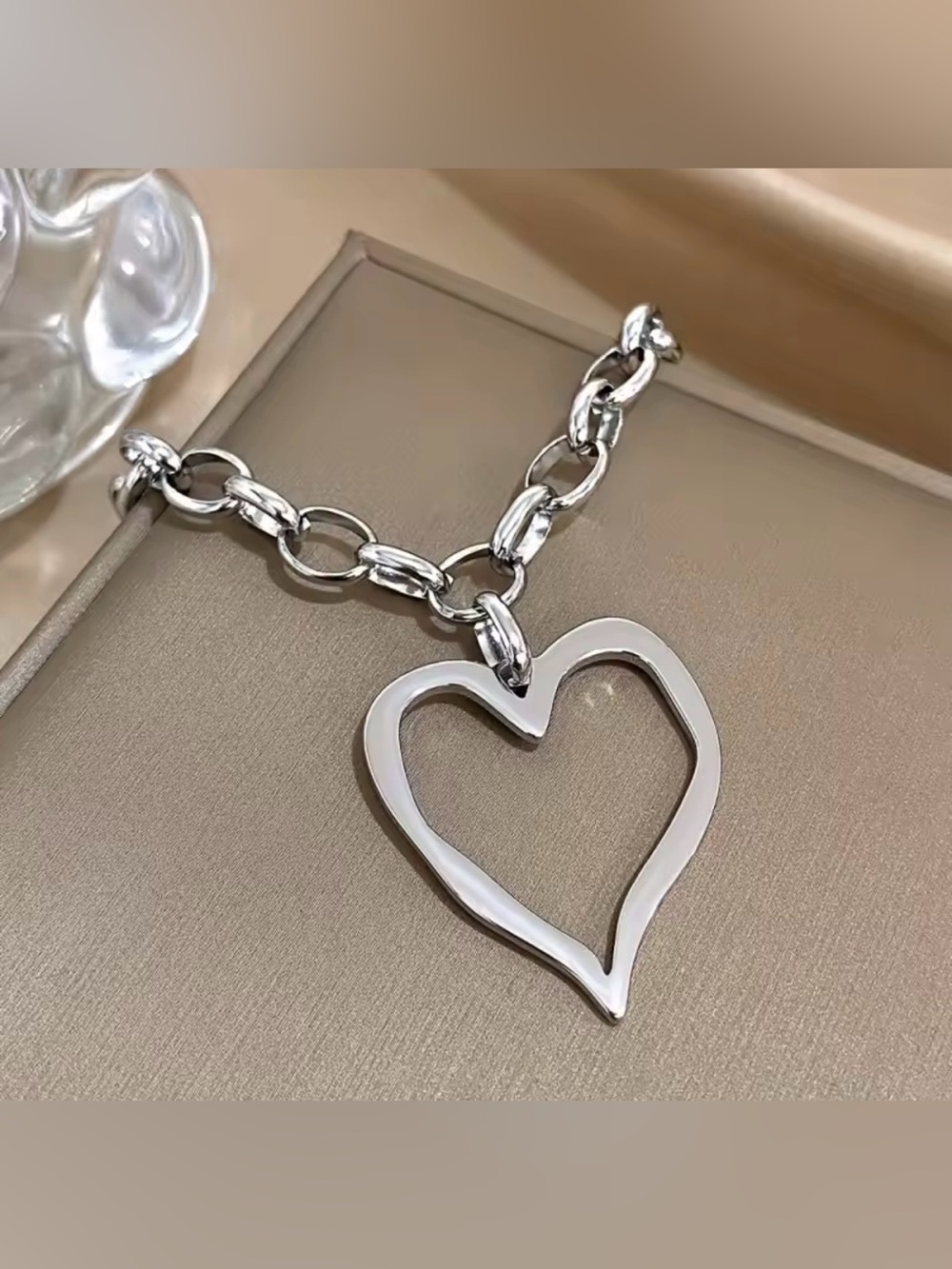 Silver Open Heart Pendant Chain Necklace - Women Jewelry